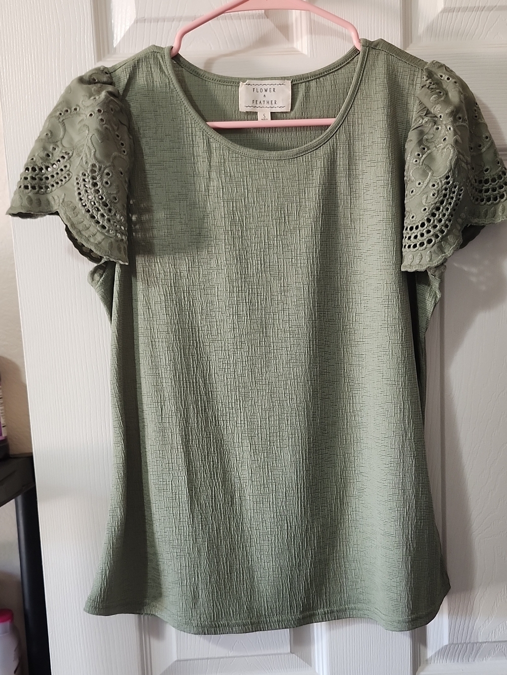 Flower + Heather Sage Green Eyelet Sleeve Short Sleeve Tee